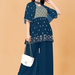 PARROT CREATION Floral Embroidered V-Neck Georgette A-Line Kurti With Palazzo And Cape-image-85