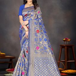 SAREEFLAME Floral Woven Design Zari Pure Silk Banarasi Saree With Blouse-image-74