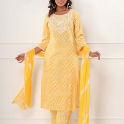 KALINI Women Leheriya Embroidered Regular Sequinned Pure Cotton Kurta with Trousers & With Dupatta-picture-34
