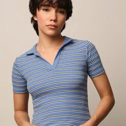 ONLY Women Striped Polo Collar Slim Fit T-shirt-image-73