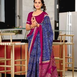 Moda Rapido Women Blue Colourblocked Pure Cotton Block Print Sarees-picture-21