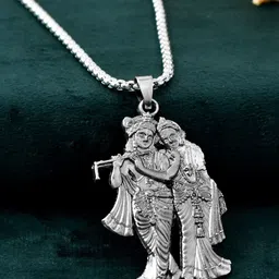 AGARWALPRODUCT Unisex Stainless Steel Silver-Plated Radhe Krishna Pendant With Chain-image-95