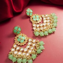 Anouk Gold Plated Kundan Studded and Pearls Beaded Circular Shaped Drop Earrings-image-46