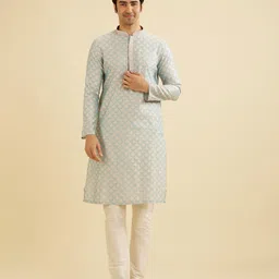 Manyavar Floral Woven Design Mandarin Collar Straight Kurta With Pyjama-image-42