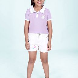 KiddoPanti Girls Unicorn Applique Polo T-Shirt With Shorts Clothing Set-image-29