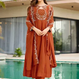 Brand Hill Embroidered Round Neck Thread Work Kurta With Trousers & Dupatta-picture-46