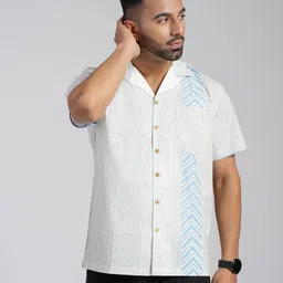 Cotton Curio Men Comfort Fit Cuban Collar Vertical Striped Cotton Casual Shirt-image-2