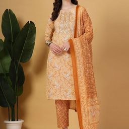 Yufta Women Floral Printed Regular Thread Work Pure Cotton Kurta with Trousers & With Dupatta-picture-17