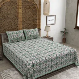 CLOTHOLOGY Green & Purple Floral 180 TC Pure Cotton King Bedsheet Set 2.75 m x 2.25 m-32
