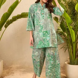 IMANA Floral Printed Pure Cotton Mandarin Collared Top With Trousers Co-Ords-16