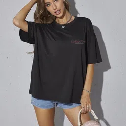 Mast & Harbour Typography Printed Round Neck Oversized Cotton T-shirt-picture-4