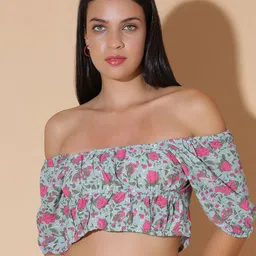 MOSHI Women Floral Printed Off-Shoulder Cotton Blouson Crop Top-image-33