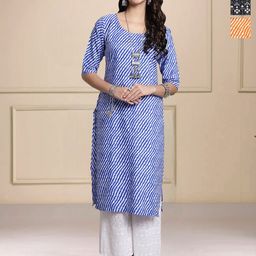 HERE&NOW Selection Of 3 Leheriya Printed Round Neck Straight Kurtas-image-86