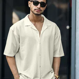 Maniac Comfort Textured Short Sleeves Shirt Collar Opaque Cotton Oversized Shirt-image-72