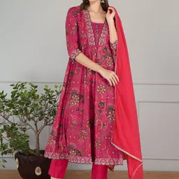 Anouk Floral Printed Thread Work Chanderi Silk A-Line Kurta With Trousers & Dupatta-17