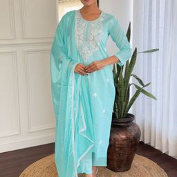TWINS LADY Floral Embroidered Thread Work Pure Cotton Kurta With Trousers & Dupatta-25