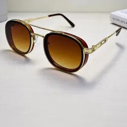 SPADEACES Unisex Round Sunglasses with UV Protected Lens 8007 Gold Brown-picture-9