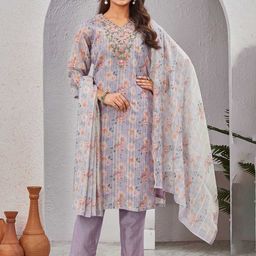 TWINS LADY Floral Printed Three-Quarter Sleeves Chanderi Silk Kurta & Trouser & Dupatta-image-59