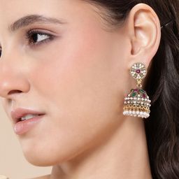 Anouk Gold-Plated Artificial Stones Studded & Beaded Dome Shaped Jhumkas-12
