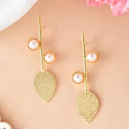 VOJ Leaf Shaped Gold Plated Stainless Steel Leaf Shaped Pearls Beaded Drop Earrings-13