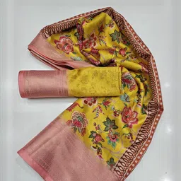 SSHAGUN LIFESTYLE Yellow Printed Hand Batik Cotton Silk Saree-picture-8