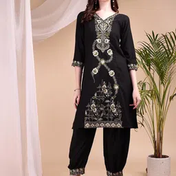 KALINI Ethnic Motifs Embroidered A-Line Thread Work Kurta With Salwar-image-102