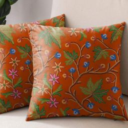 Aura Premium Varoski Kashmiri Orange & Green 2 Pieces Floral Pirntd Square Cushion Covers-picture-27