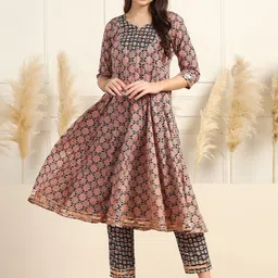 Sangria Floral Printed Pleated Notch Neck Pure Cotton Anarkali Kurta With Trousers-image-88