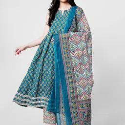 HERE&NOW Floral Printed Notch Neck Pure Cotton Anarkali Kurta With Palazzo & Dupatta-18