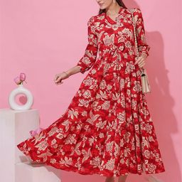 De La Moda Women V Neck Floral Print Crepe Fit & Flare Dress-image-75