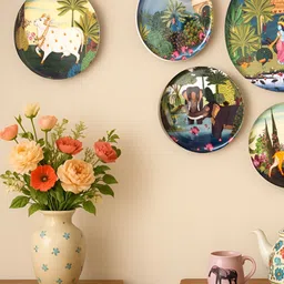 Ritualistic Red & Blue 5 Pieces Dwarka Pichwai Art Painted Wall Decor Plates-17
