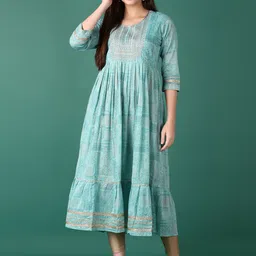V-Mart Geometric Printed Sequinned Tiered Anarkali Cotton Kurta-6