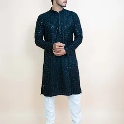 KUNDALI KAKSHAY Geometric Embroidered Mandarin Collar Sequinned Kurta-image-63