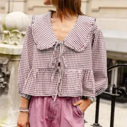 Casual Puff Sleeves Checkered Women Brown Top-image-22