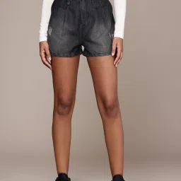 Dyed/Washed Women Black Denim Shorts-image-76