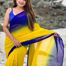 HERE&NOW Women Blue And Yellow Solid Georgette Saree with Border With Satin Blouse-picture-12