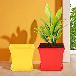 Kuber Industries 2-Pcs Yellow & Red Premium Flower Pots for Garden withBottomPlates-62
