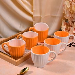 Storepedia 6-Pcs Orange & White Textured Glossy Ceramic Cups-13