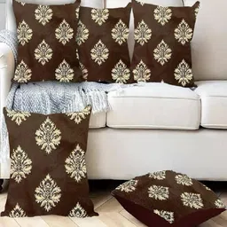 TURIYA Set of 5 PC Brown Ethnic Motifs Velvet Square Cushion Covers-image-43