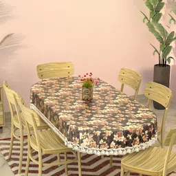 Kuber Industries Grey & Beige Floral Waterproof Oval 6-Seater Table Cover-16
