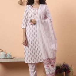 Yufta Women Ethnic Motifs Embroidered Regular Cotton Kurta with Trousers & With Dupatta-image-57