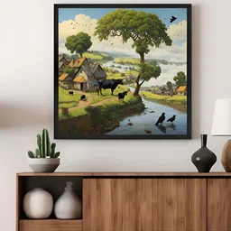 999Store Green A Peaceful Village Scene By A River With Cows & Birds Canvas Wall Art-image-4