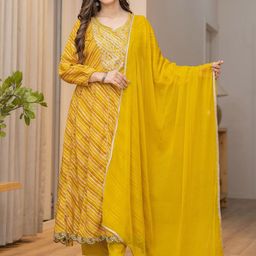 TOULIN Women Leheriya Embroidered Regular Anarkali Kurta with Palazzos & Dupatta-image-5
