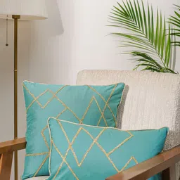 India Circus by Krsnaa Mehta Teal & Gold-Toned Geometric Square Cushion Covers-image-51