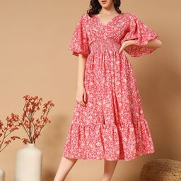 OTABU Floral Print Flared Sleeve Crepe A-Line Midi Dress-image-16