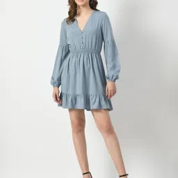 SMERA MART Puff Sleeve Crepe Fit & Flare Dress-image-3