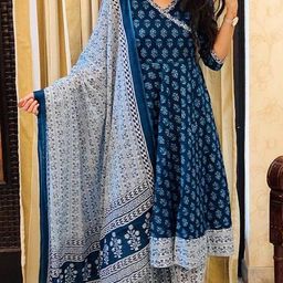 Sidhidata V-Neck Floral Printed Angrakha Anarkali Kurta with Trouser & Dupatta-image-16