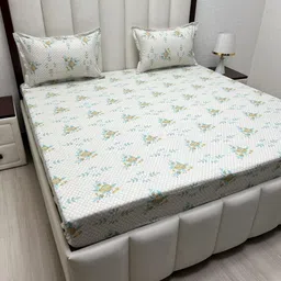 Pure Decor Cream-Coloured & Blue Floral 400 TC King Bedsheet with 2 Pillow Covers-image-37