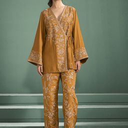Anouk Mustard Yellow and Cream Embroidered Tunic With Trousers-picture-20