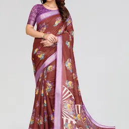 Moda Rapido Women Brown & Lavender Floral Printed Cotton Saree-picture-29